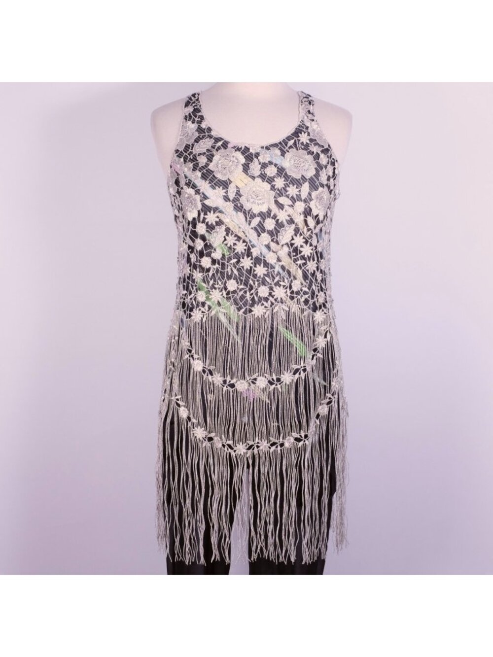 Giorgio Armani Black Label 40 US 4 top blouse fringe crochet silver dress $6800